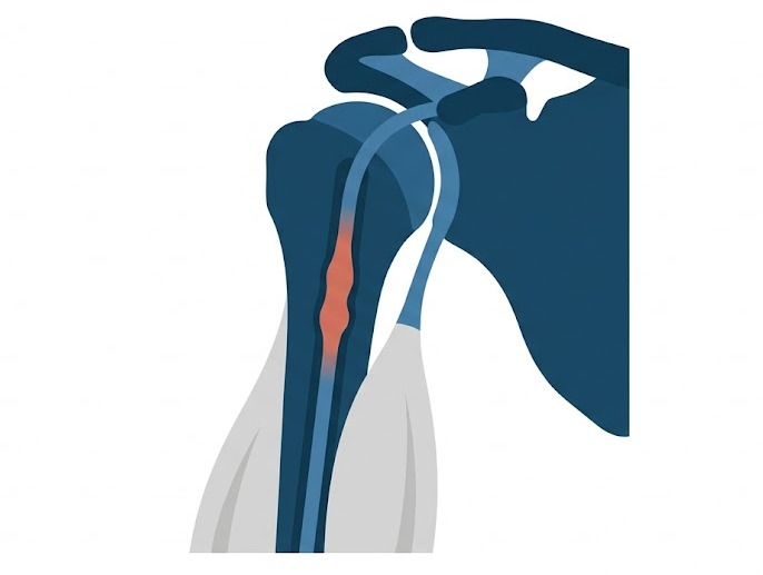 Ilustração anatômica da tendinite do bíceps proximal na frente do ombro