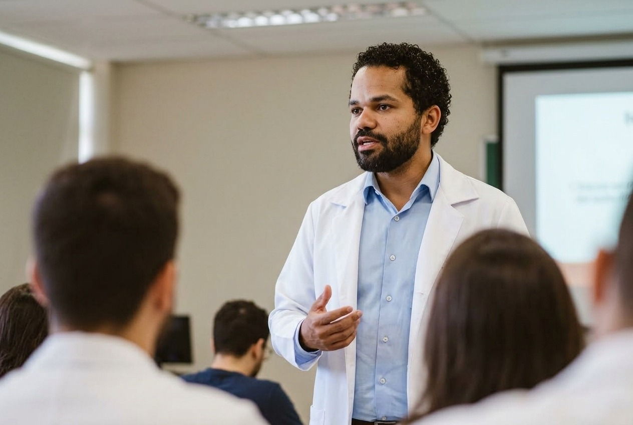 Dr. Marco César Rosa Martins ministrando palestra sobre ombro e cotovelo